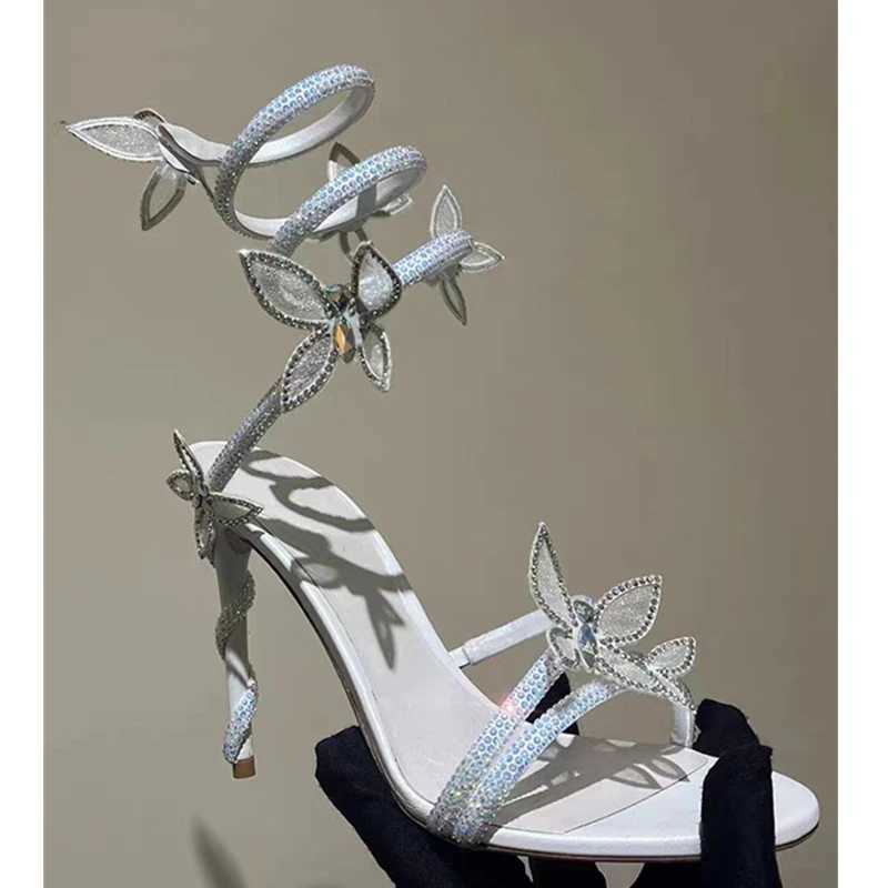 New Arrival Crystal Embossed Butterfly Detail Womens Sandals Sexy Roll Belt High Heels Gladiator Sandals Summer Party Ball Shoes T250409