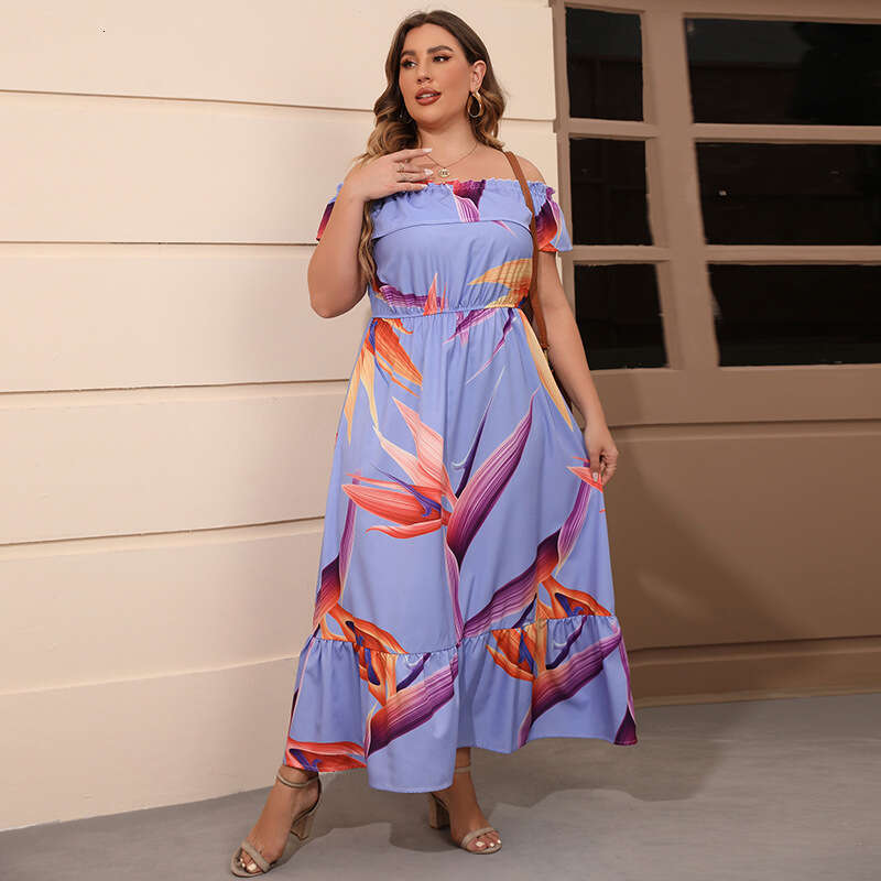 Hot Selling One Neck Sexy Off Shoulder Leaf Print Plus Size Dress Bohemian Style Waist Cinching Long Skirt Waist Sexy Bifurcated SKINNY DRESS Denim Dr