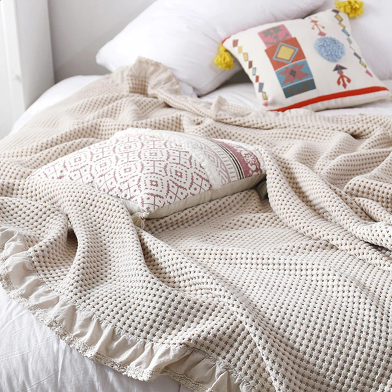 100% Cotton Soft Bed Plaid Home Japenese Knitted Blanket Corn Grain Waffle Embossed Summer Ruffles Warm Plaid Throw Bedspread 240726