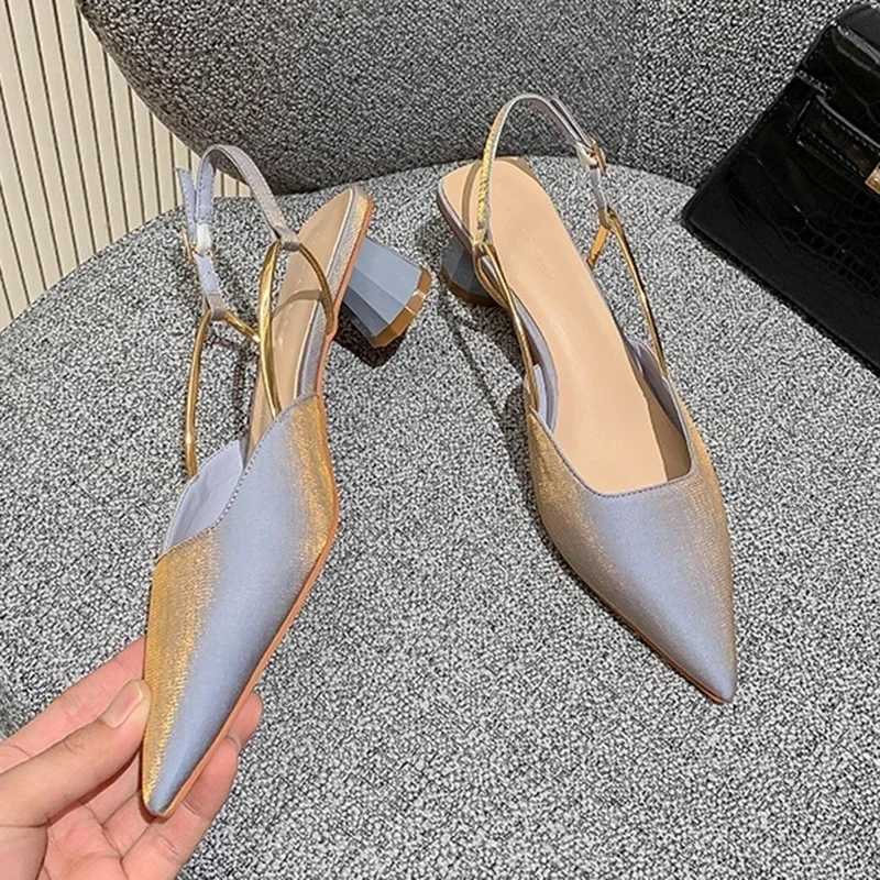 High Quality Summer Pointed Sole Silk Pump Womens Strap Buckle Thick Sole Sandals Womens Shallow Mouth Party Shoes T241024