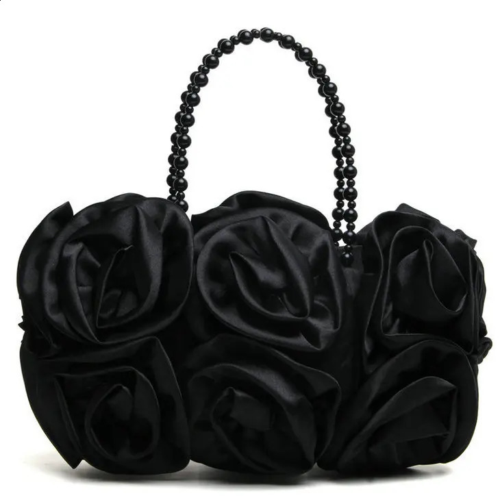 DHlanhai Boutique De FGG Red Flower Rose Bush Women Satin Evening Purse Beaded Handle Tote Bag Wedding Handbag Bridal Clutch 240726