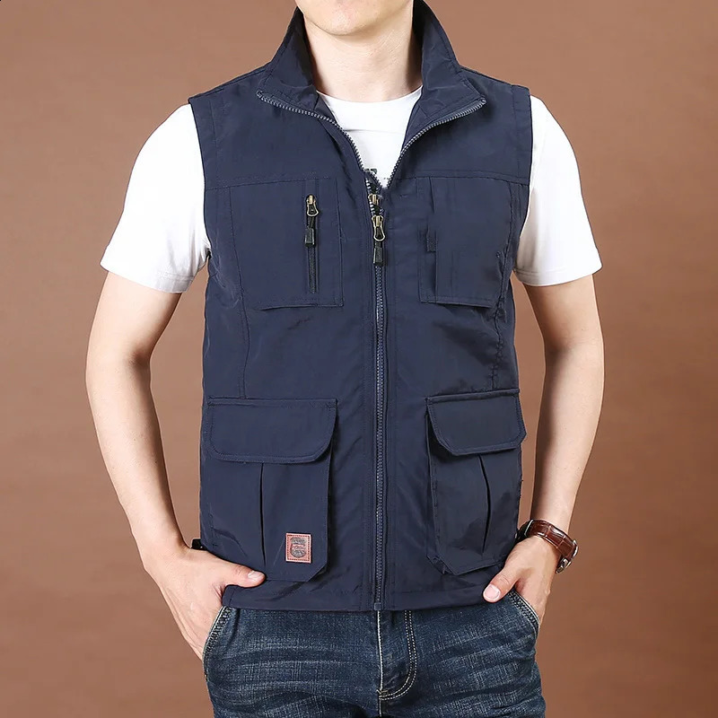 Mens thin tool loose quick drying vest mens outdoor sports jacket multi pocket stand up collar spring camping fishing 240827