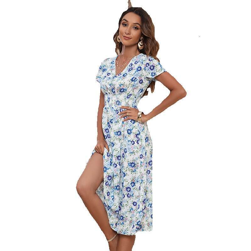 Hot Selling Holiday Style in Latin America Brazil. Elastic Waist Dress for Women with V-neck Small and Fresh Floral Loose Skirt Bifurcated Sexy Lace D