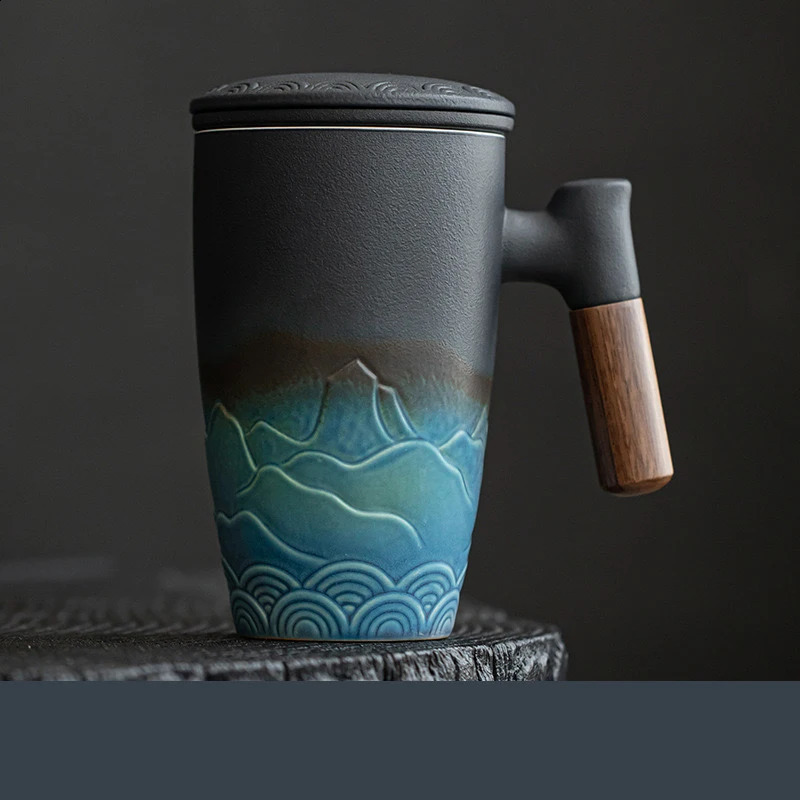 Handmade Ceramic Coffee Cup Large Ceramic Strainer Creative Retro Mug Traditional Tea Cup Pottery Mug Porcelain Tea Cup Gift Set 240712