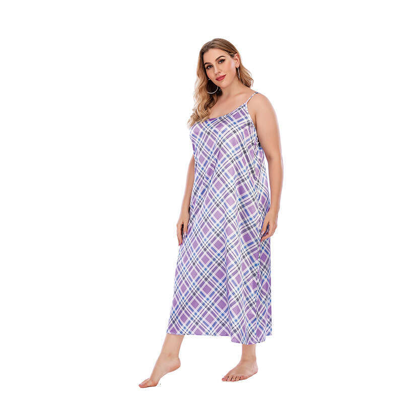 Large size home wear with imitation silk plaid sleeveless loose suspender dress weighing 200 pounds can be worn