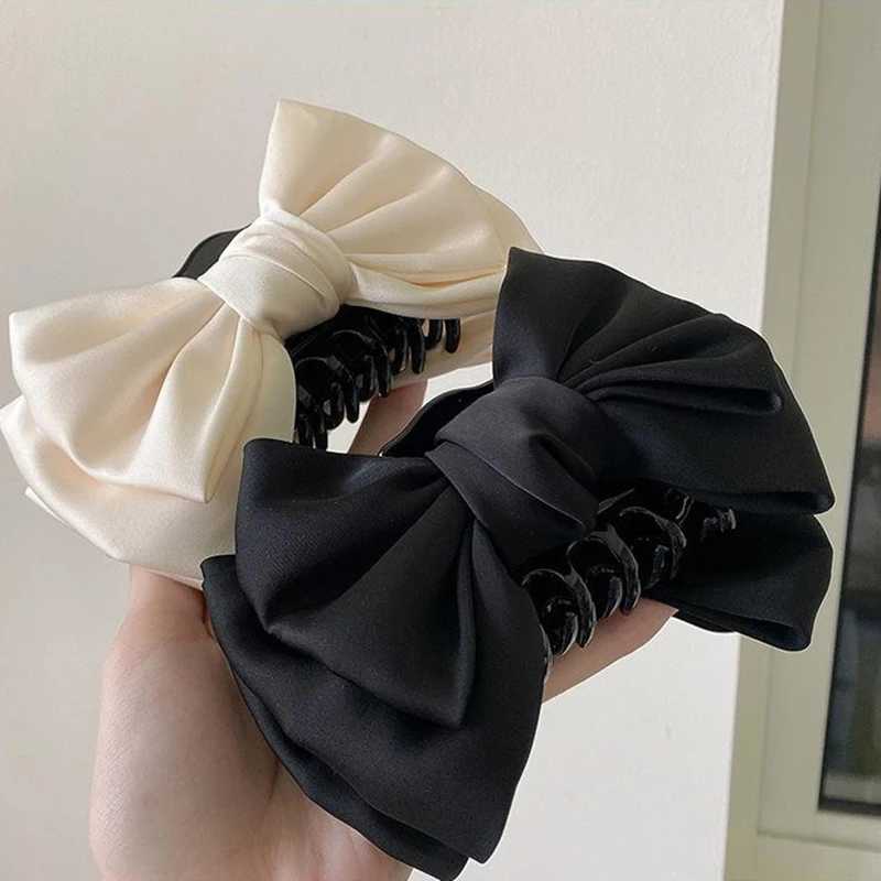 Black Double-sided Bow Clip Women Large Satin Shark Hair Claw Solid Bowknot Hairpin Barrettes Headbands Fashion Hair AccessoriesL240727