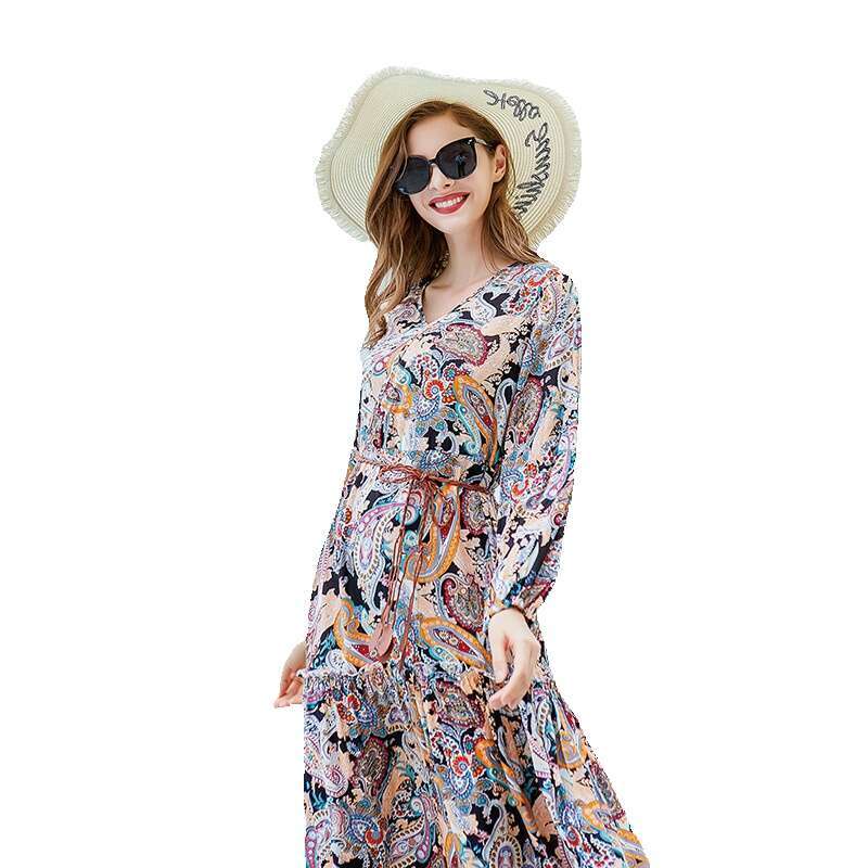 Hot Selling in the United States Plus Size Printed Dress Long Sleeved Pellis Holiday Dress Autumn Dress Women Self-cultivation Temperament Short Lace 