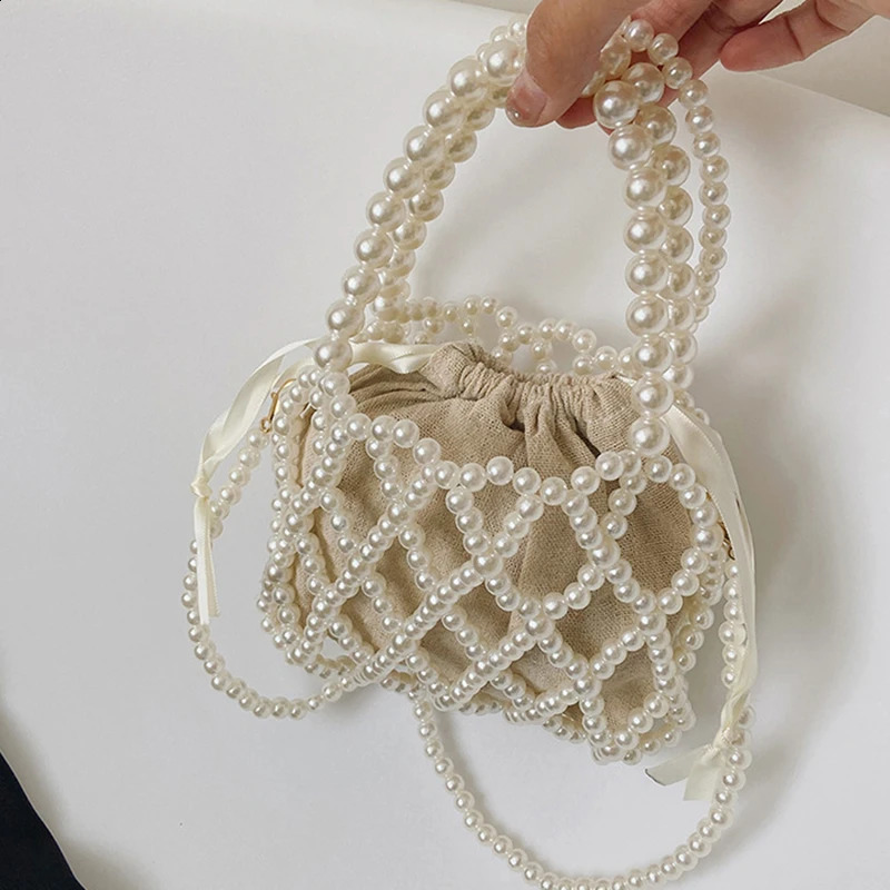 French retro handbag fairy fashion womens bead bucket bag cross body summer n hollow pearl 250401