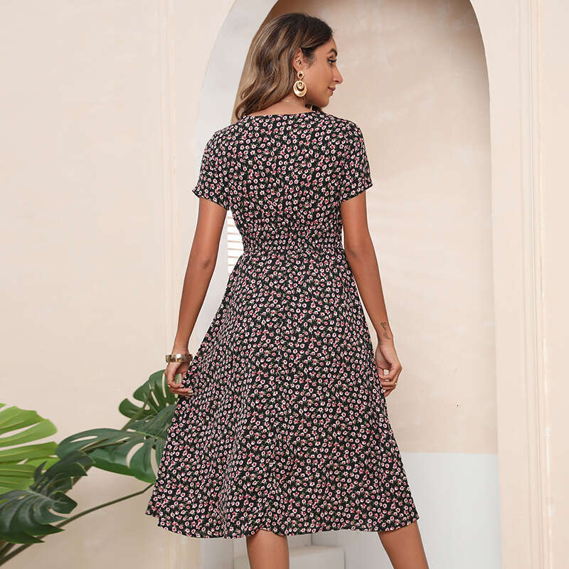Hot Selling Mexican Summer Floral V-neck High Waisted Dress for Women Looking Slimmer with Printed Prints on Vacation Waist Bifurcated Sexy SKINNY DRE