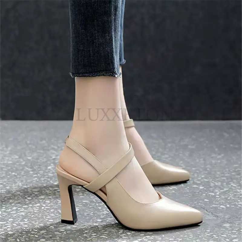 High Quality Womens soft leather high toe thick toe straight sandals solid color simple casual edition womens shoes T241024