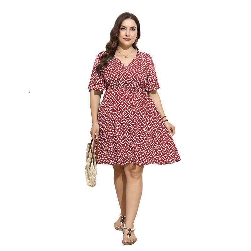 New Hot Selling Sexy V-neck Short Sleeved Dress in Plus Size with Elastic Waist for Slimming Effect Mid Length Skirt Sexy Dress Waist Sexy Lace Dress