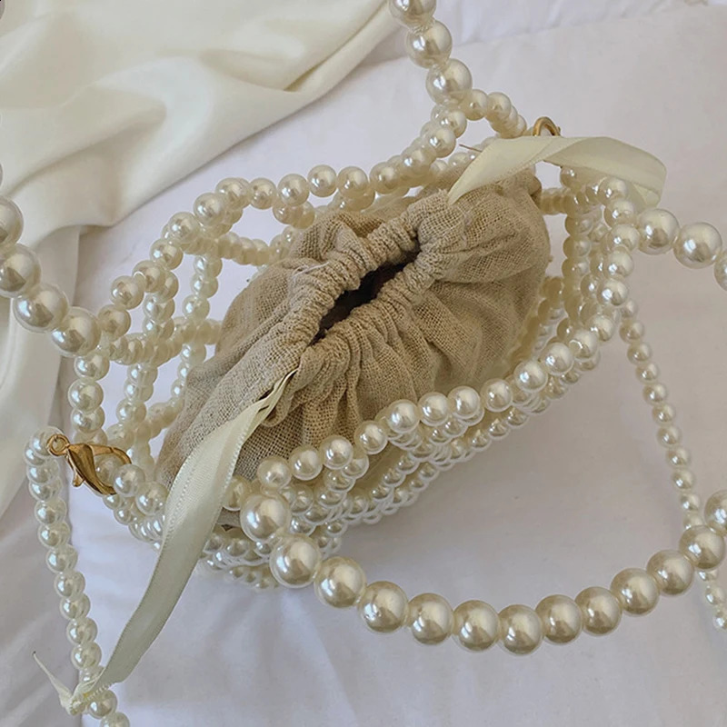 French retro handbag fairy fashion womens bead bucket bag cross body summer n hollow pearl 250401