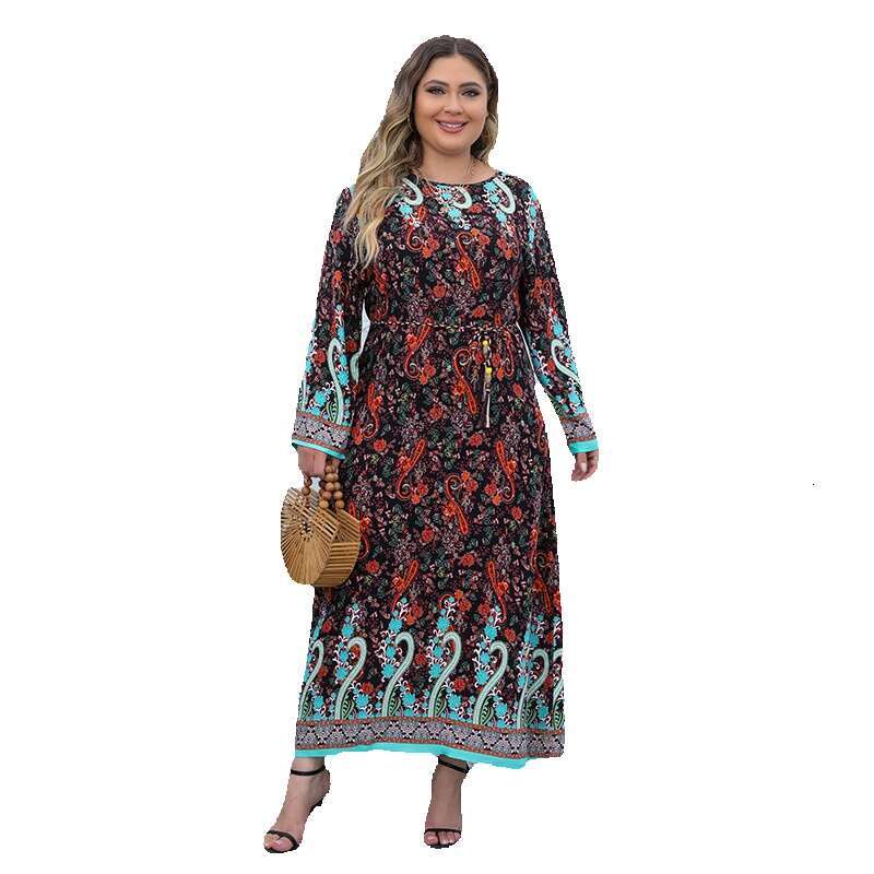 Large Size Womens New Printed Bohemian Dress Casual Sleeved Long Skirt Temperament Bifurcated Waist Self-cultivation Denim Dress