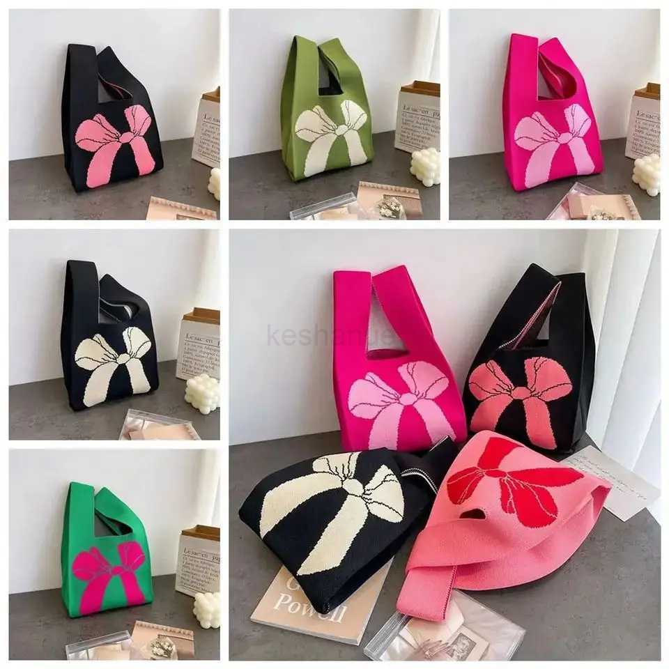 Handmade Knit Handbag Women Mini Knot Wrist-bag Female Casual Color Wide Stripe Plaid Tote Bag Student Reusable Shopping BagXJ240727