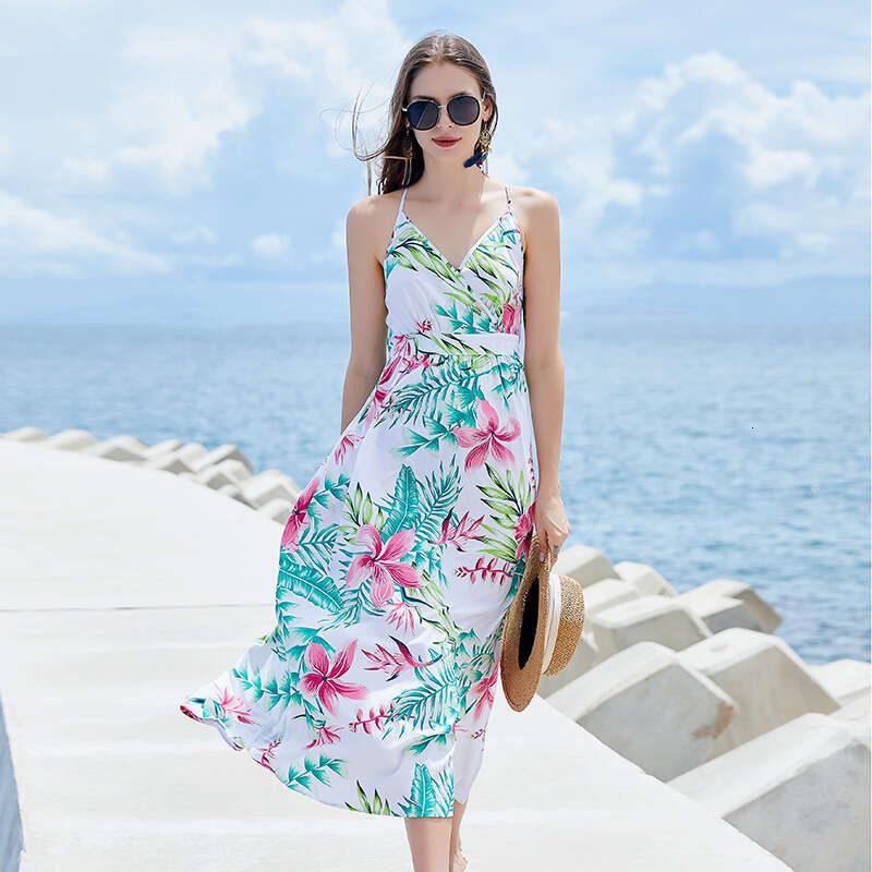 Hot Selling Brazil Fresh Backless High Waisted Long Skirt with Rural Style Print V-neck Suspender Jumpsuit Short Loose Bifurcated Silk Dress Round Nec