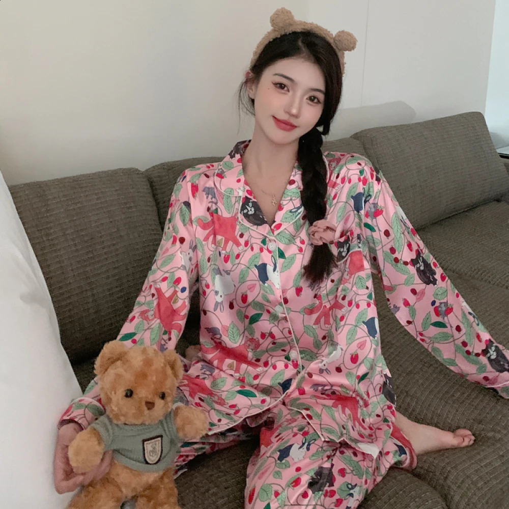 Floral Print Simulated Silk Women Sleepwear 2024 Spring Autumn China Style Ink Painting Classic Pajamas Loose Soft Lady Lounge 240726
