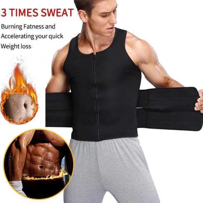 Mens Body Shaper Waist Trainer Sauna Vest Double Belt Sweat Shirt Corset Top Abdomen Slimming Shapewear Fat Burn Fitness SuitsL240727