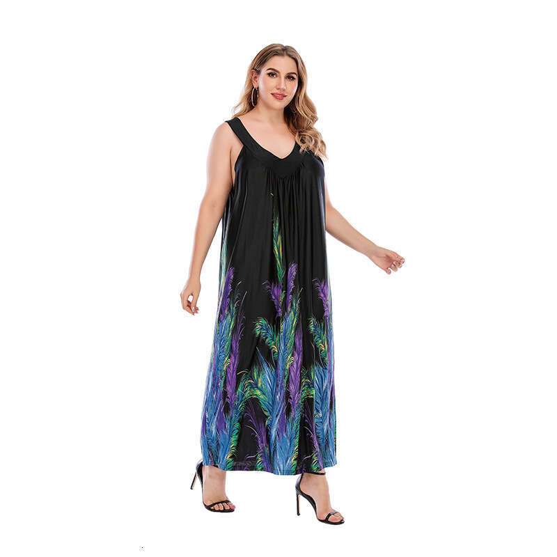 Womens Oversized Clothing Weighing 200 Pounds Chubby Mm Can Wear A Loose V-neck Dress with Black Feathers for Women Loose Waist Bifurcated BOHO DRESS