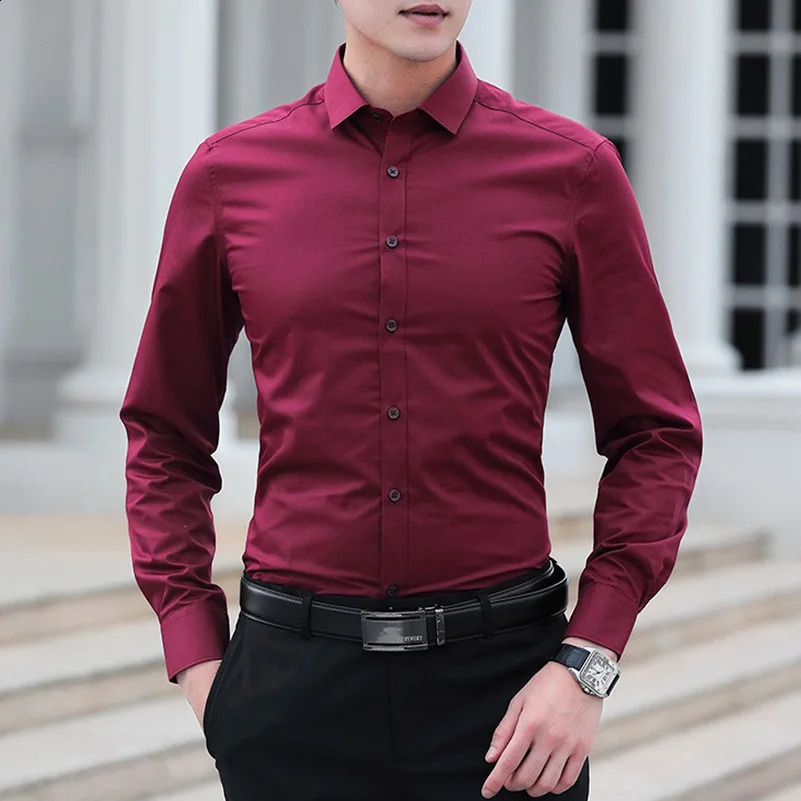 Mens Solid color Business Casual Formal shirt Fashion classic slim solid color long sleeve shirt no ironing social high quality 240822