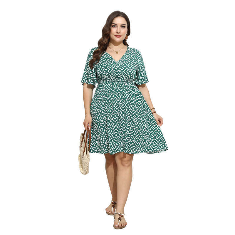 Hot Selling Plus Size Geometric Pattern Printed Dress Casual Loose V-neck Mid Length Skirt Long Summer Dress Self-cultivation Short Sexy Lace Dress