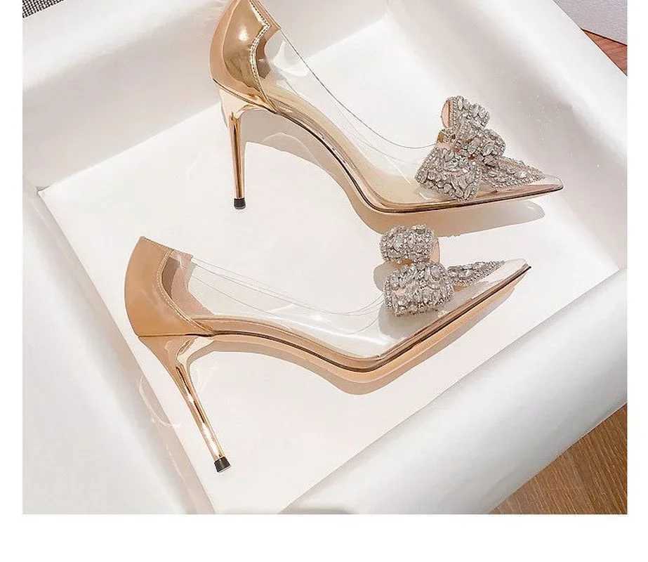 High Quality Sexy Transparent Wpmens Pump Rhine Bow Pointed Toe Pump Wedding High Heels Spring/Summer Shoes T241024