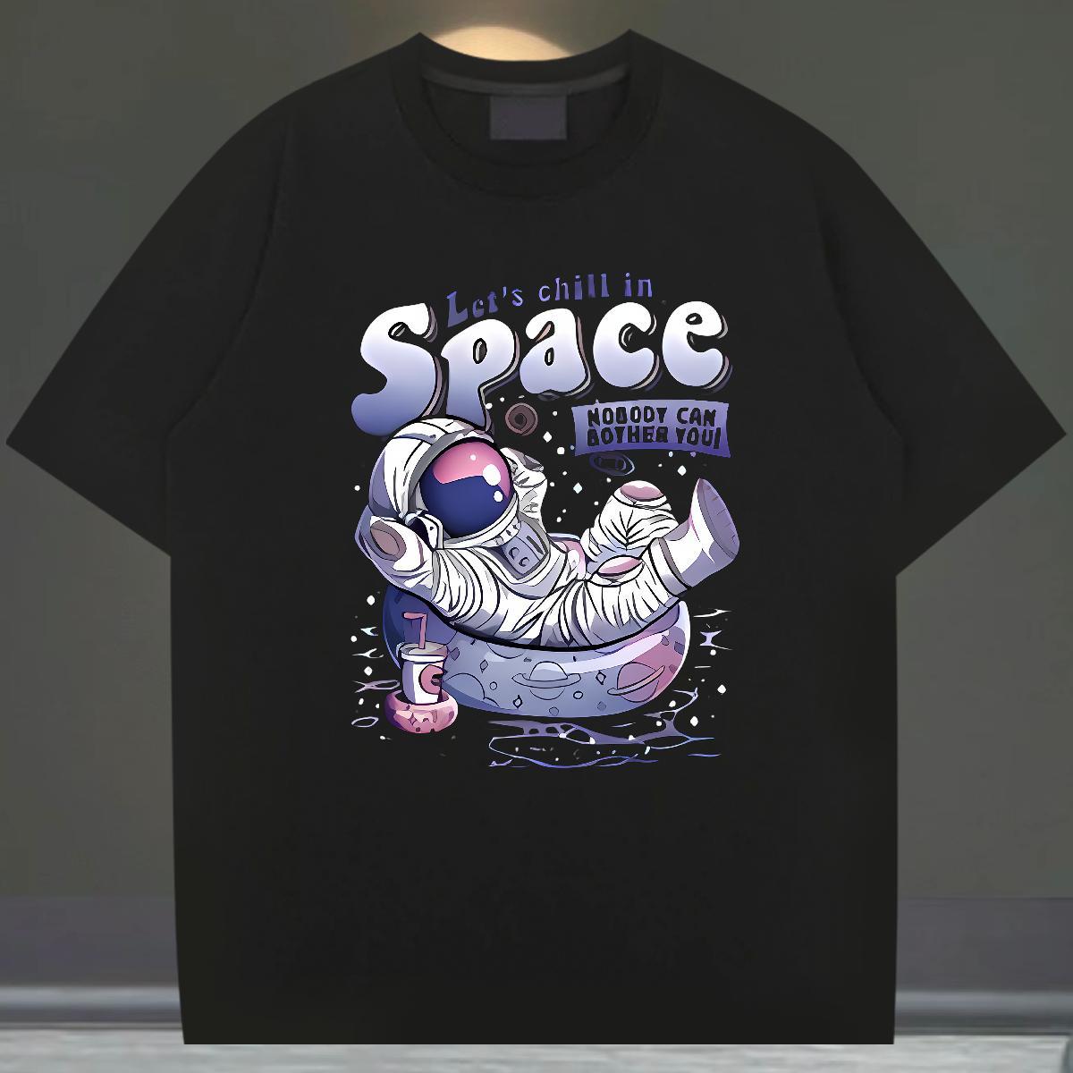 New T shirt spaceman Tops Tees 100% Cotton 230g Daily Wear High Quality Cartoon Print Breathable Crew Neck Men Tops Tees