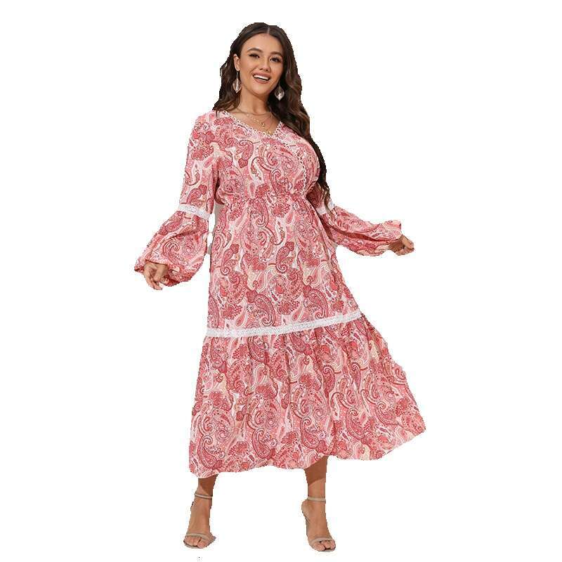 Hot Selling Spring and Autumn Ethnic Style Printed Chubby MM Oversized Dress with Patchwork V-neck Long Skirt in the United States Loose Sexy Round Ne