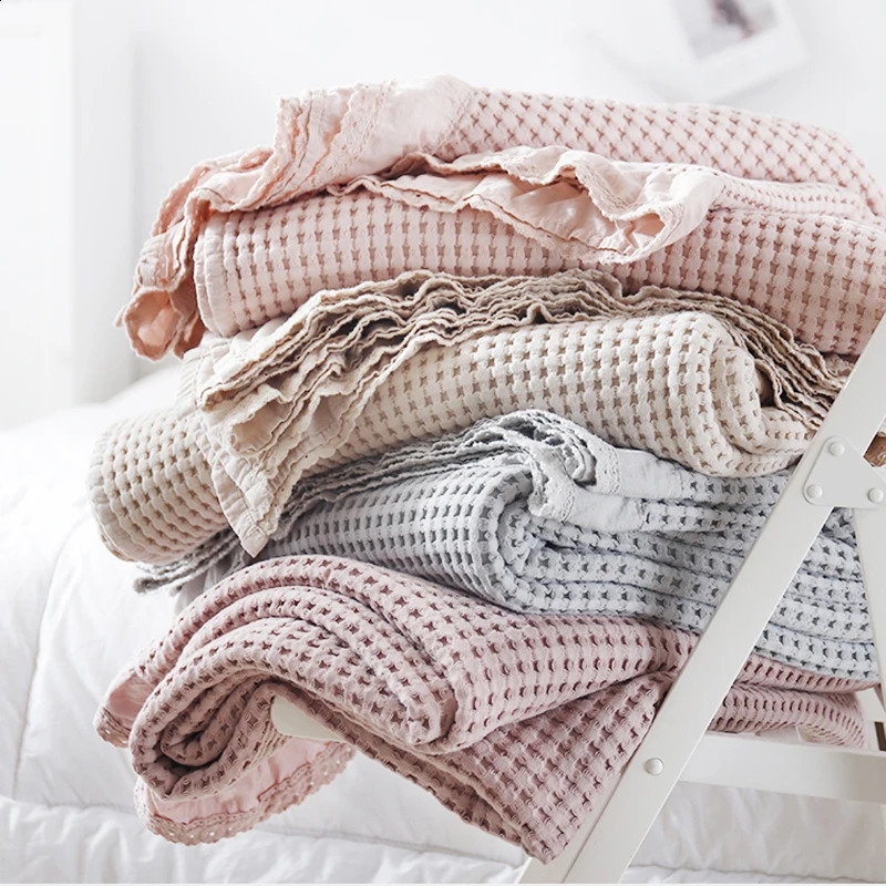 100% Cotton Soft Bed Plaid Home Japenese Knitted Blanket Corn Grain Waffle Embossed Summer Ruffles Warm Plaid Throw Bedspread 240726