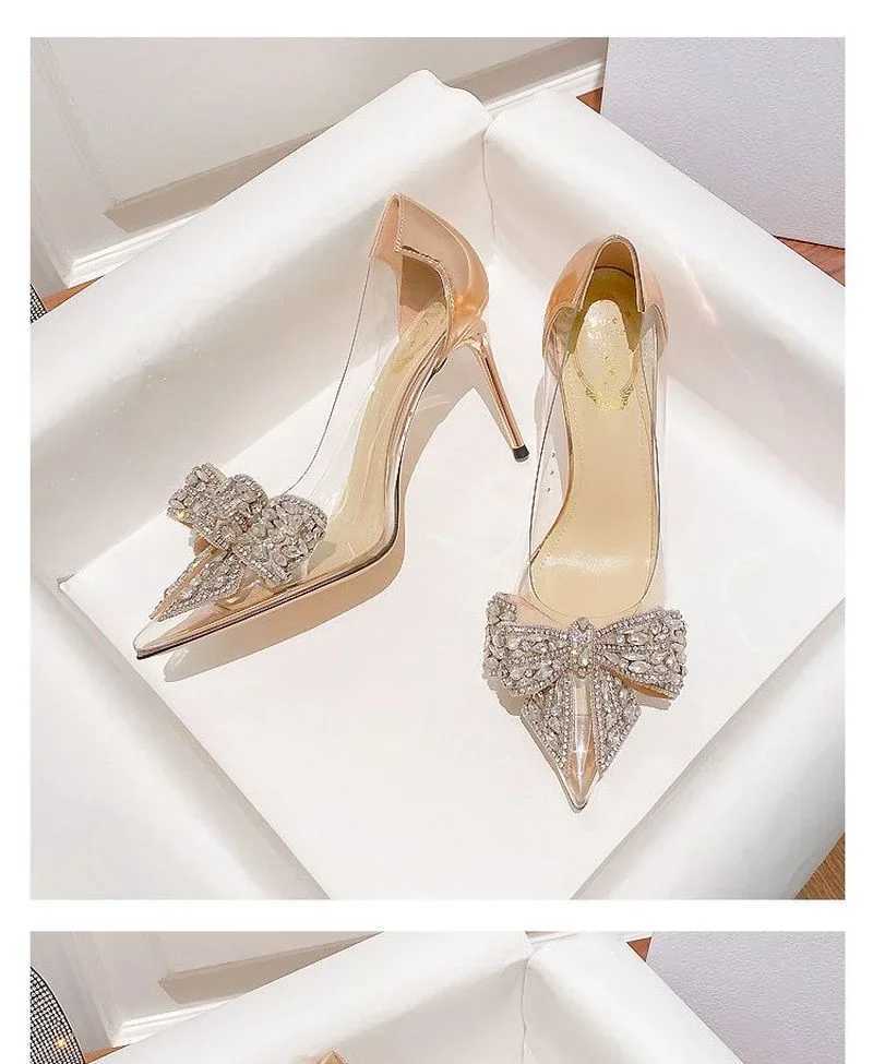 High Quality Sexy Transparent Wpmens Pump Rhine Bow Pointed Toe Pump Wedding High Heels Spring/Summer Shoes T241024