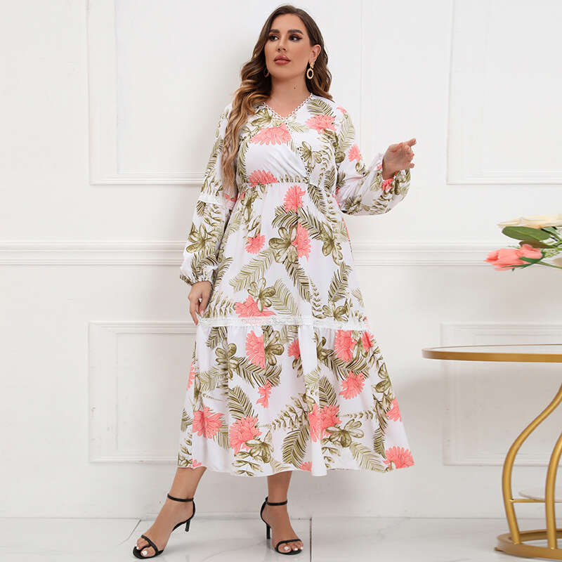 Hot Selling Spring and Autumn Patchwork V-neck Dress Womens Lace Print Chubby MM Large Long Skirt Waist Loose Short Bifurcated Sexy Silk Dress Denim D