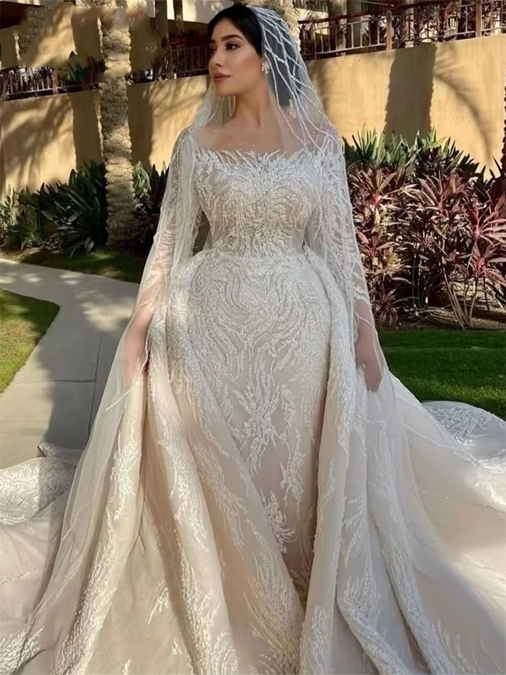 2025 Ivory Lace Illusion Long Sleeve Wedding Dresses With Overskirt Train Plus Size Formal Bridal Party Gowns