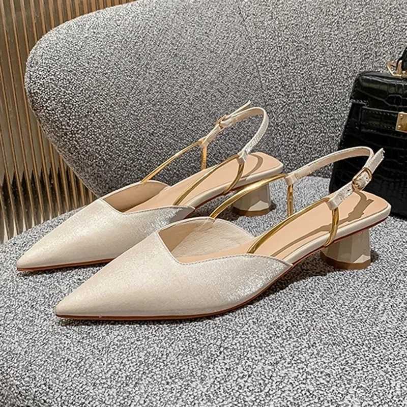 High Quality Summer Pointed Sole Silk Pump Womens Strap Buckle Thick Sole Sandals Womens Shallow Mouth Party Shoes T241024