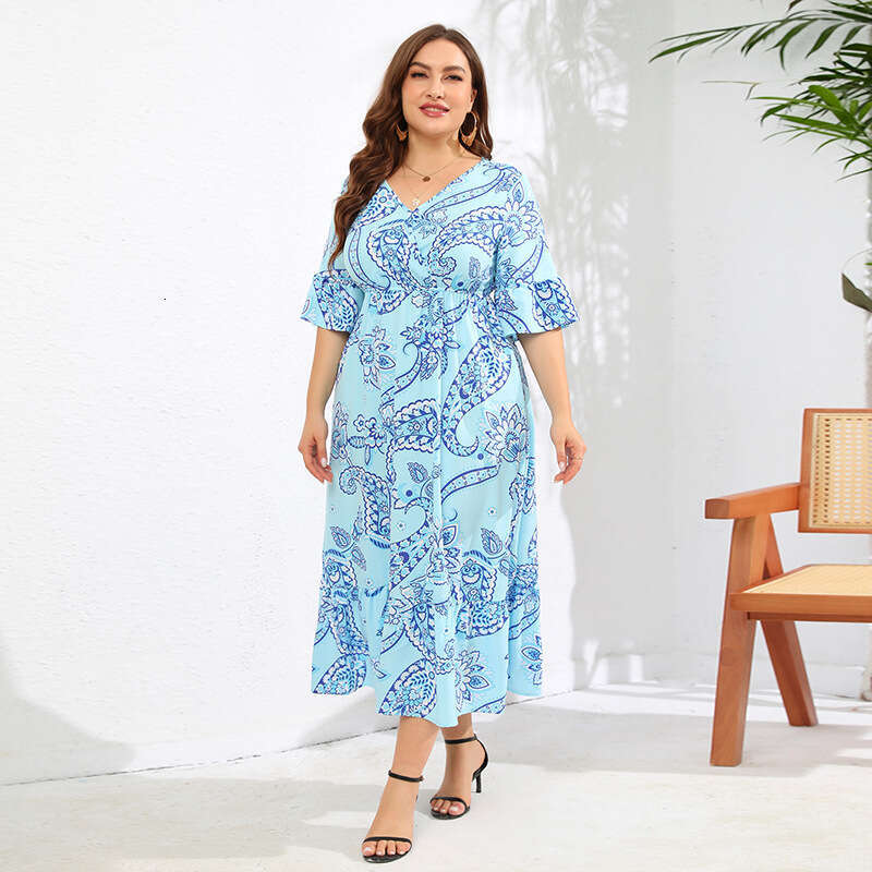US Hot Selling Large Size Paisley Flare Sleeves Beach Vacation Skirt Long Dress Floral Dress Long Summer Dress Sexy Waist Bifurcated Short Round Neck 