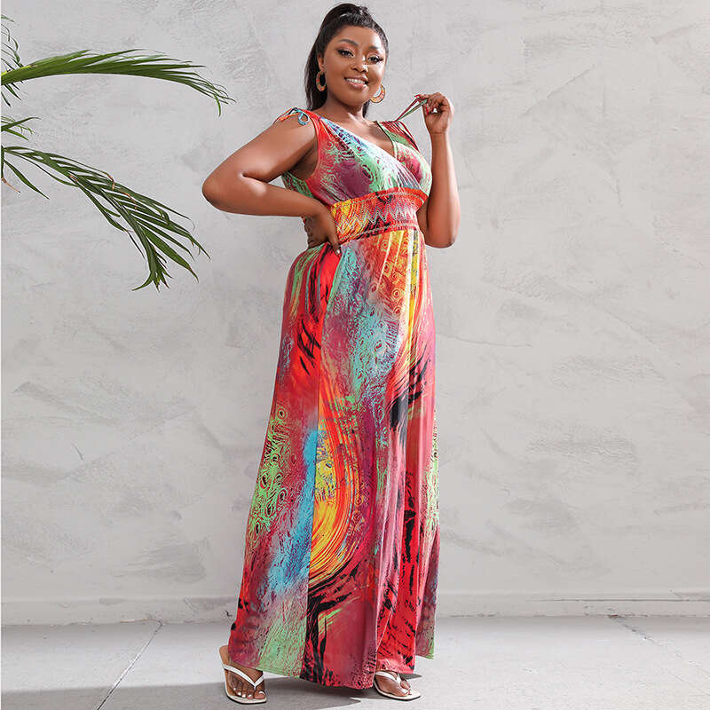 Hot Selling Chubby Mm Oversized Ice Silk Printed Bohemian Fat Plus Size V-neck Long Dress Sexy Dress Novelty Loose Waist Silk Dress Denim Dress