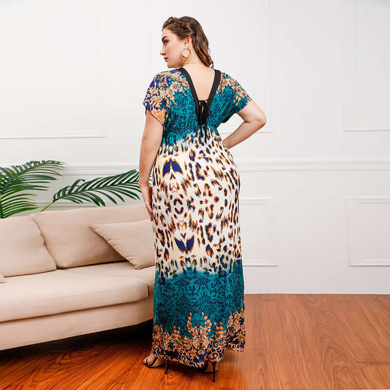 Hot Selling Summer and Autumn New Womens Leopard Print Short Sleeved Mid Length Skirt Sexy V-neck Oversized Dress Bifurcated Waist Loose Round Neck Dr