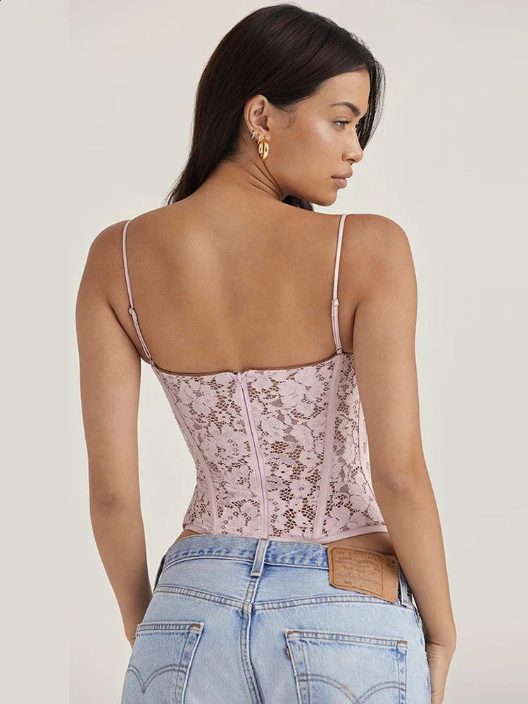 Summer Chic And Elegant Crochet Lace Pink Tops Women Sexy Chest Padded Camis Vest Streetwear Clothes Cute Crop Corset Top 240726