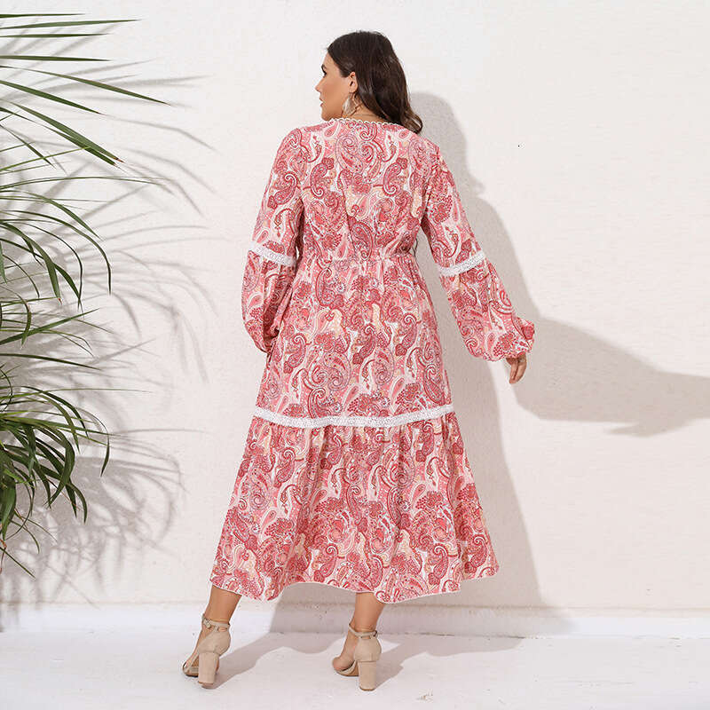 Hot Selling Spring and Autumn Ethnic Style Printed Chubby MM Oversized Dress with Patchwork V-neck Long Skirt in the United States Loose Sexy Round Ne