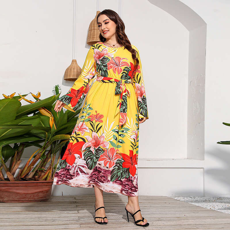 New Spring and Autumn Breeze Size Sleeved Flower Dress with Large Hem Printed Long Skirt 200kg Fat Mm Wearable Loose Novelty Sexy Oversize Dress