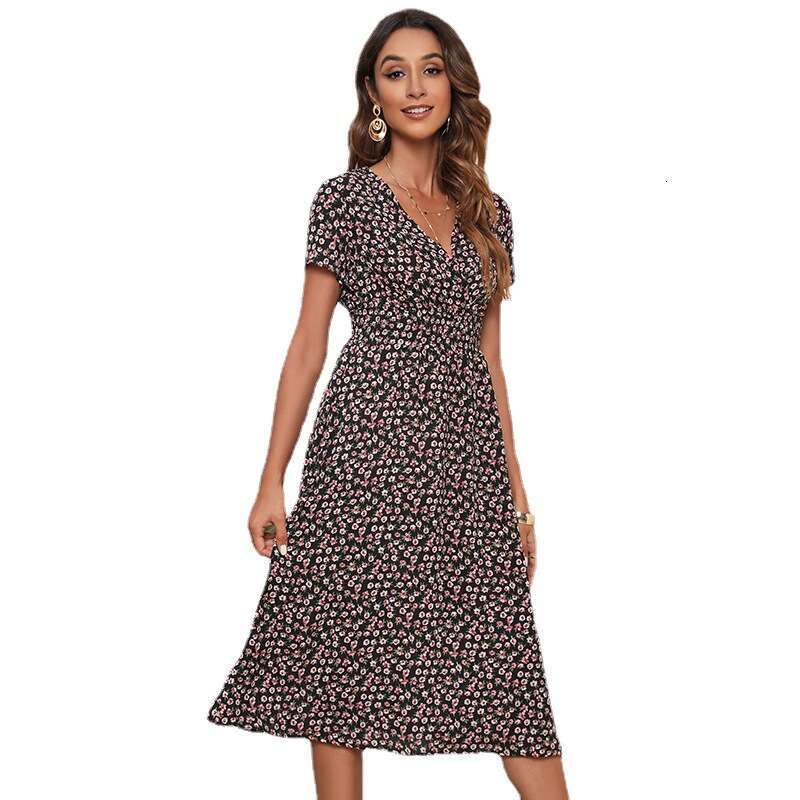 Hot Selling Mexican Summer Floral V-neck High Waisted Dress for Women Looking Slimmer with Printed Prints on Vacation Waist Bifurcated Sexy SKINNY DRE