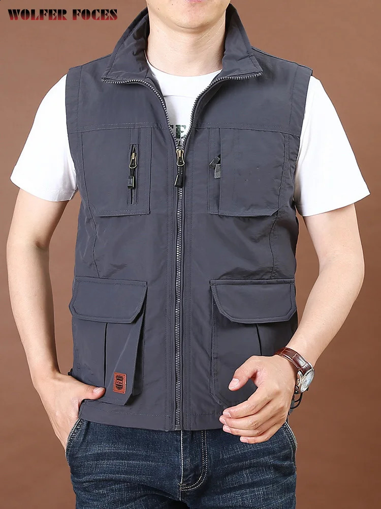 Mens thin tool loose quick drying vest mens outdoor sports jacket multi pocket stand up collar spring camping fishing 240827
