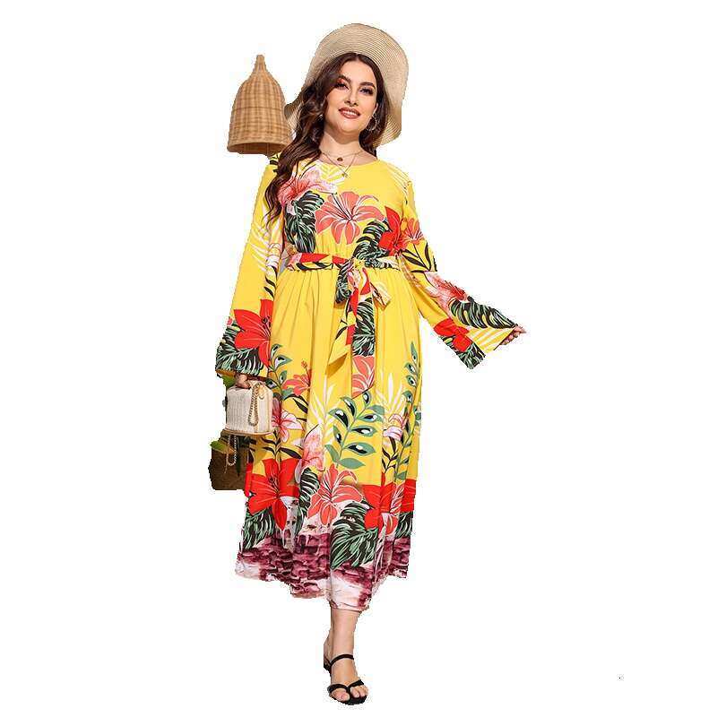 New Spring and Autumn Breeze Size Sleeved Flower Dress with Large Hem Printed Long Skirt 200kg Fat Mm Wearable Loose Novelty Sexy Oversize Dress