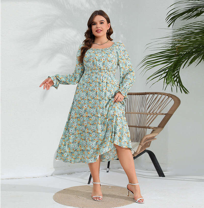 Spring New Oversized Sleeved with Floral Elastic Waist Elegant Long Dress and Lotus Leaf Sleeves Novelty Waist Self-cultivation Bifurcated BOHO DRESS