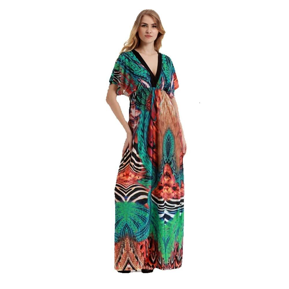 Business Affairs Large Size Womens Bohemian Fat Mmv Neck Printed Dress Beach Long Skirt Long Summer Dress Sexy Novelty Waist Loose Temperament BOHO DR