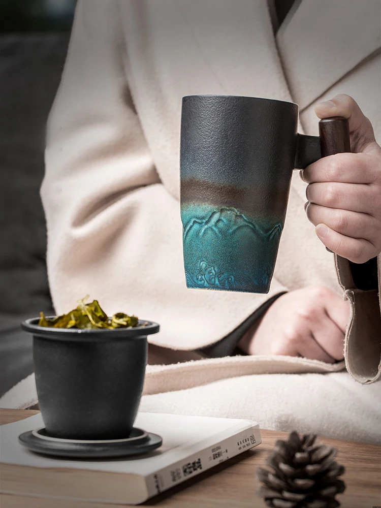 Handmade Ceramic Coffee Cup Large Ceramic Strainer Creative Retro Mug Traditional Tea Cup Pottery Mug Porcelain Tea Cup Gift Set 240712