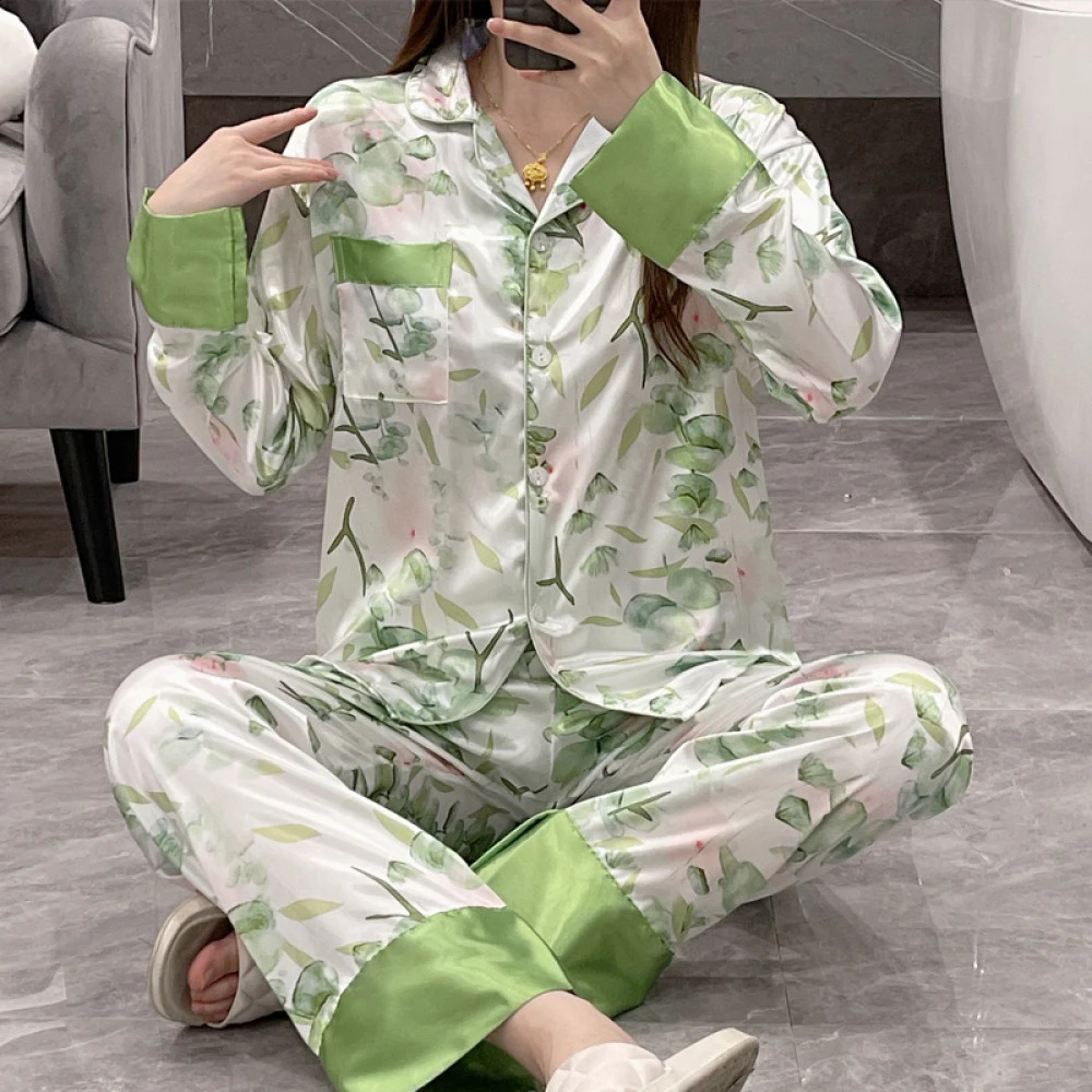 Floral Print Simulated Silk Women Sleepwear 2024 Spring Autumn China Style Ink Painting Classic Pajamas Loose Soft Lady Lounge 240726