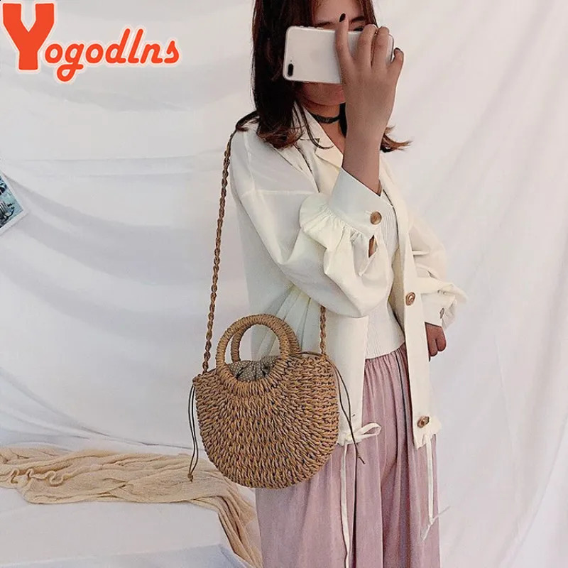 Yogodlns Handmade Half Round Rattan Womens Straw Bag Summer Messenger Cross Body Girls Little Beach Handbag 240731Zl