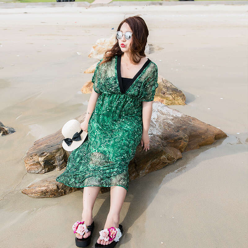 New Oversized Womens Dress Chubby Little Sister Short Sleeved Deep V-neck Green Printed Chiffon Long Skirt Waist Loose Short Lace Dress Silk Dress