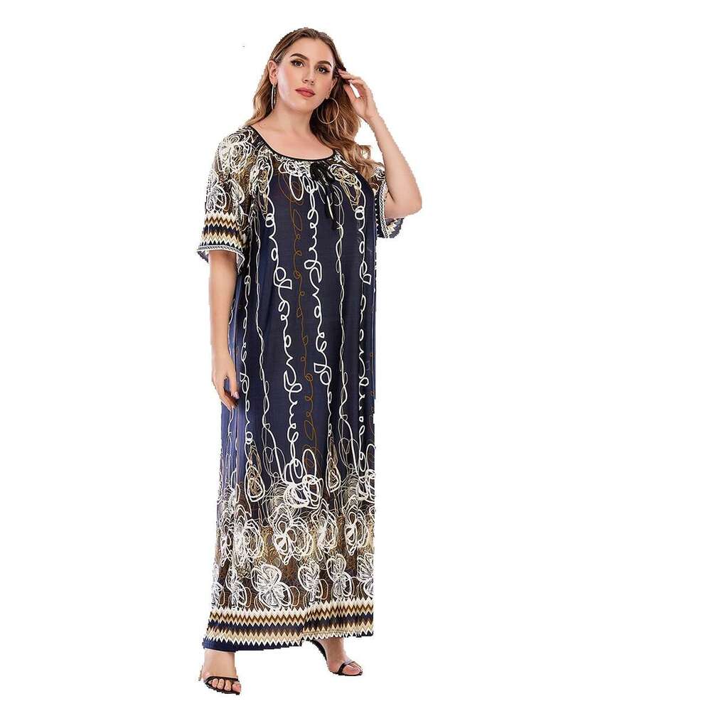 Saudi Arabias Best-selling Palace Gorgeous Navy Blue Graffiti Oversized Loose and Chubby Mm Ice Silk Dress 25 Long Summer Dress Loose Sexy Silk Dress