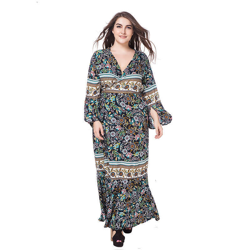 Womens Bohemian Ruffled Edge with Added Fat and Oversized Cotton Printed Long Dress Bifurcated Self-cultivation Novelty Temperament BOHO DRESS High Wa
