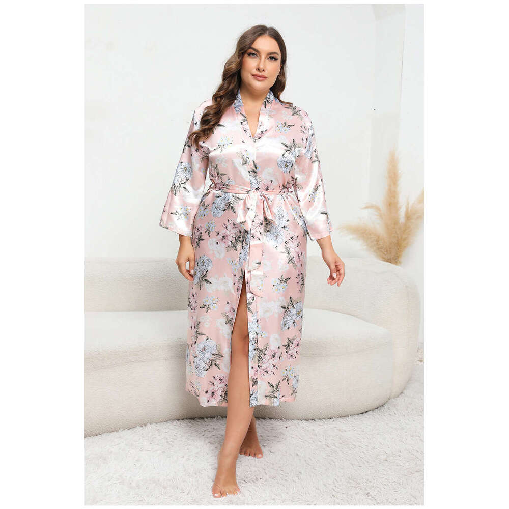 Large size imitation silk pamas for women loose fitting womens long sleeved satin bathrobe printed home clothing